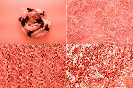 Creative coolage in Coral Color. Flat lay photography.の写真素材