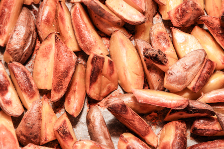 Yummy french fries as background. Flat lay concept, top viewの写真素材