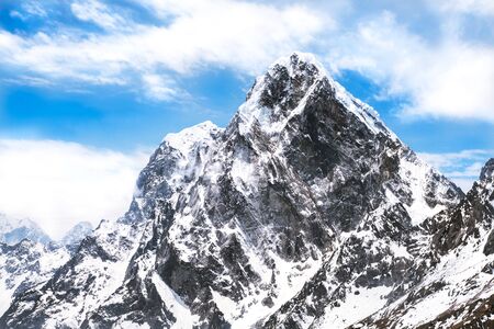 View of Ama Dablam on the way to Everest Base Camp with beautiful cloudy sky, Sagarmatha national park, Nepalの写真素材