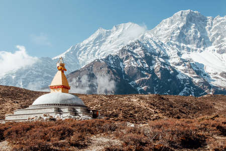 Beautiful white stone Stupa with Budda eyes in Himalayas, Nepalの写真素材