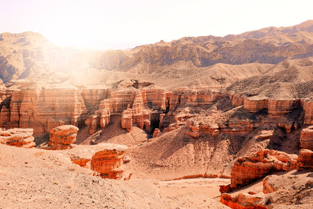 Panoramic view of Charyn Canyon in Kazakhstan during sunriseの写真素材