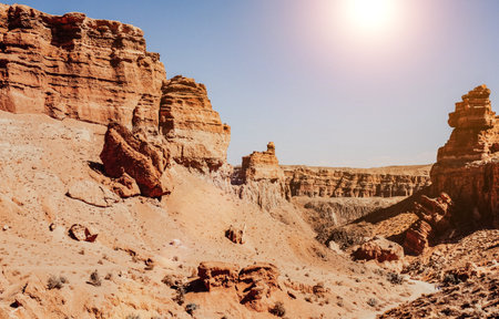 Panoramic view of Charyn Canyon in Kazakhstan during sunriseの写真素材