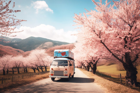 Bright vintage camper van parked in the road surrounded by cherry blossom trees and big beautiful mountains. Generative AI.の素材