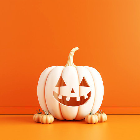 White Halloween pumpkin on orange background. Generative AI.の素材