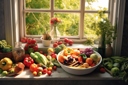 Big dish with variety of colorful vegetables near window on sunny day. Generative AI.の素材
