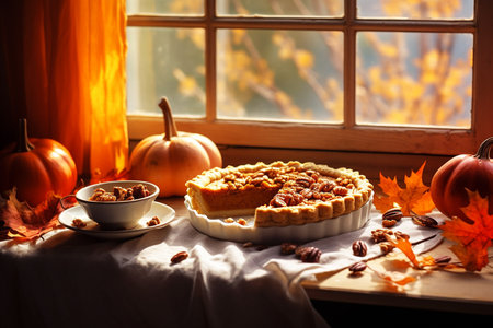 Pumpkin pie near the window with autumn decoration. Generative AI.の素材
