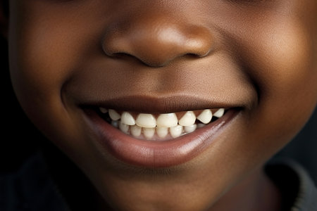 Perfect black skin toddler smile with beautiful white milk tooth. Generative AI.の素材