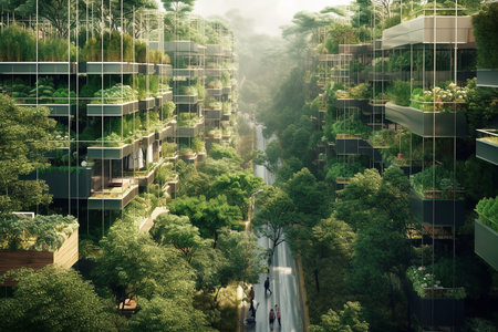 Building with plants. Ecology and green living in the city. Generative AI.の素材