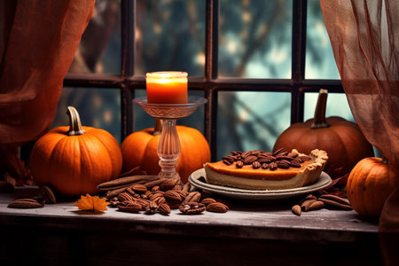 Pumpkin pie near the window with autumn decoration. Generative AI.の素材