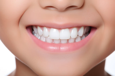 Perfect white skin toddler smile with beautiful white milk tooth. Generative AI.の素材