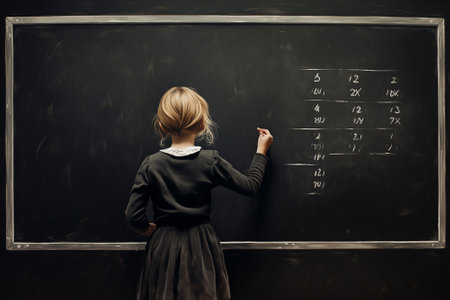 Girl student near black teaching blackboard on the wall. Generative AI.の素材