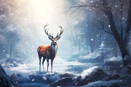 Magic deer in the snow in winter forest. Generative AI.の素材