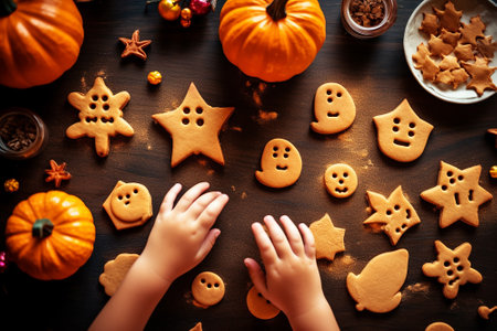 Top view of funny halloween cookies. Generative AI.の素材