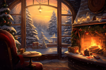 Cozy Christmas evening illustration. Generative AI.の素材