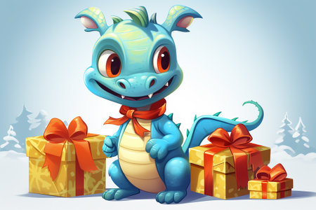 Funny cute cartoon dragon withg christmas gifts . Generative AI. high quality photoの素材