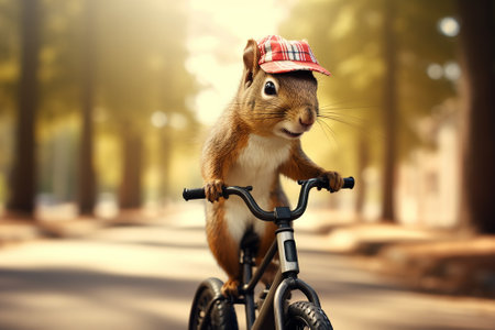Funny squirrel in a cap riding a bicycle. Generative AI.の素材