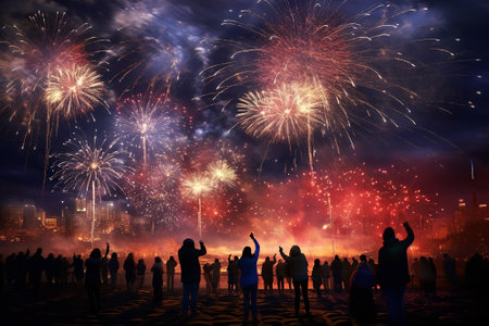 Happy people celebrate new year and watch fireworks in sky. Generative AI.の素材