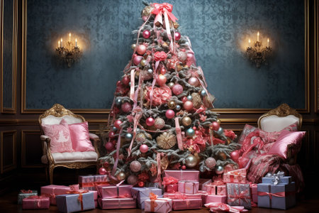 Bright christmas tree with pink ribbons and gifts. barbi style.の素材