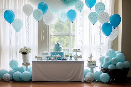 Blue decor for birthday with balloons and cake.の素材