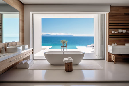 Luxurious, large and spacious bathroom, sea outside.の素材