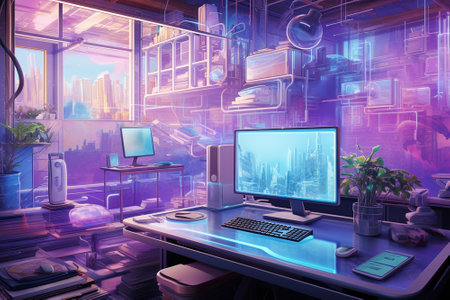 Working space with holographic background.の素材