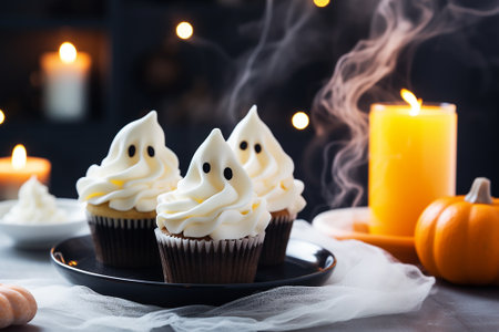 Handmade halloween ghost cupcakes on the table.の素材