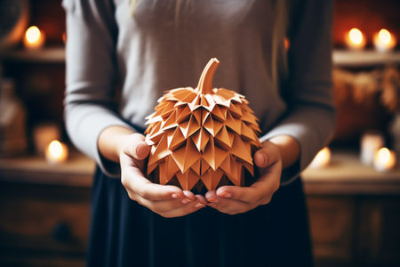 Girl hands holding handmade pumkin from paper.の素材