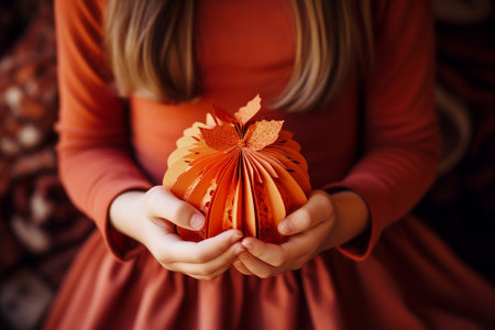Girl hands holding handmade pumkin from paper.の素材