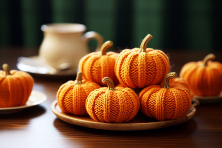 Orange knitted halloween pumpkins on table.の素材