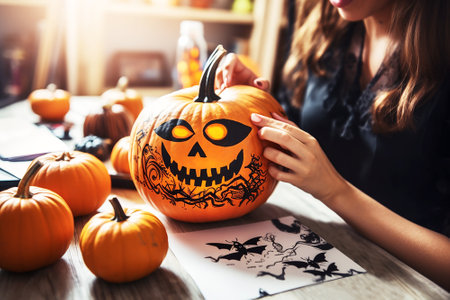 Woman drawing Halloween pumpkin with black ink marker.の素材