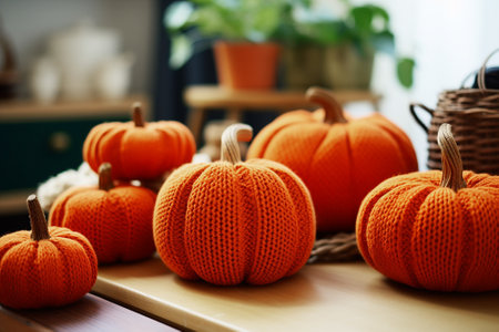 Orange knitted halloween pumpkins on table.の素材