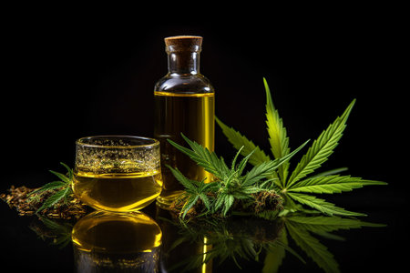 Hemp oil bottles and hemp leaves on black background.の素材