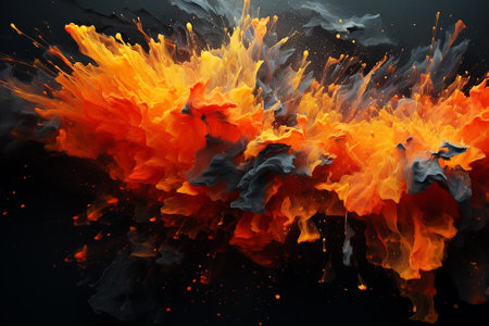 Dark orange bright colorful splashes on black background.の素材