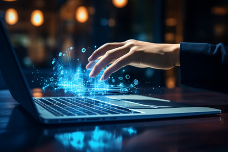 Human hand connect with laptop computer.の素材