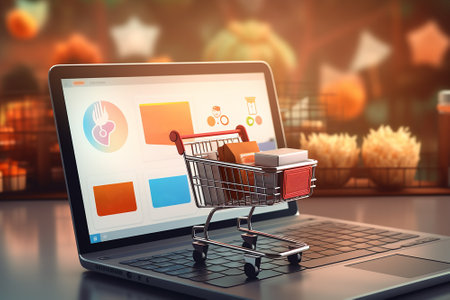Small grocery cart on a laptop depicting an online sales platform.の素材
