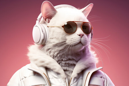 White cat in sunglasses and headphones listening to music.の素材