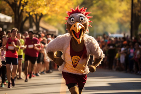 Character dressed as a turkey runs down the street with a marathon. Generative AI.の素材