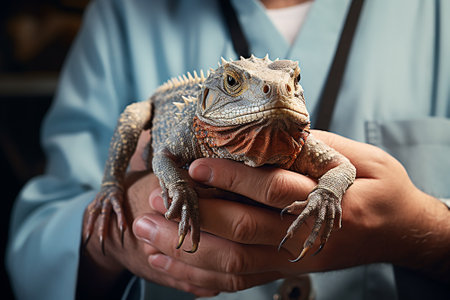 Hands of a veterinarian with a lizard in a veterinary clinic.の素材