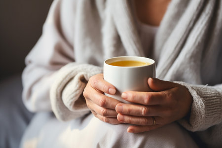 Hands of middle aged caucasian woman is sitting on the sofa with a mug of hot drink.の素材