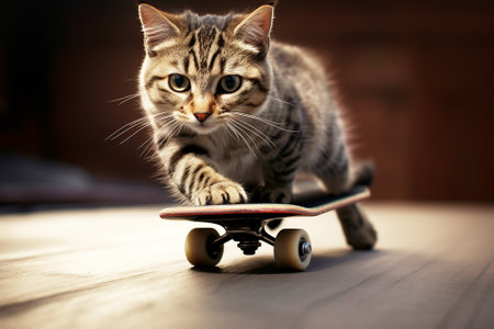 Cute little cat on a skateboard.の素材