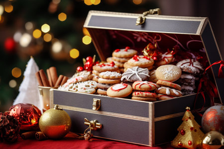 Box with Christmas candy, cookies and a variety of sweets.の素材