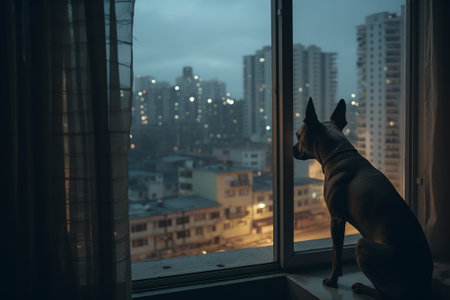 Dog looks from window of apartments in the city.の素材