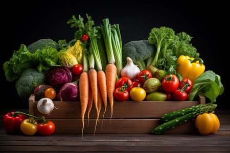 Wooden box with fresh farm vegetables.の素材