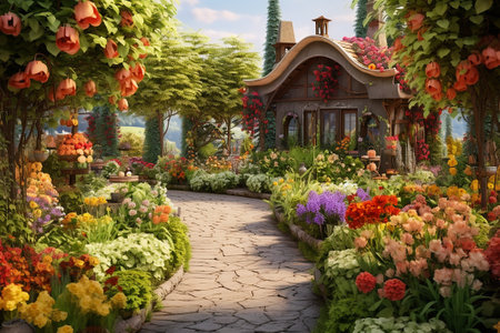 Beautiful green garden with flowers.の素材