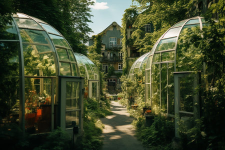 Building with plants. Ecology and green living in the city. Generative AI.の素材