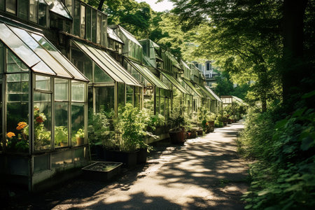 Building with plants. Ecology and green living in the city. Generative AI.の素材