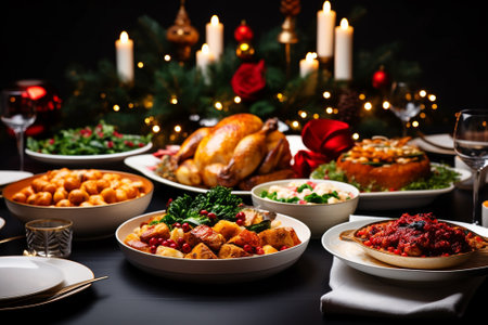 Christmas themed dinner table with variety of delisious dishes.の素材