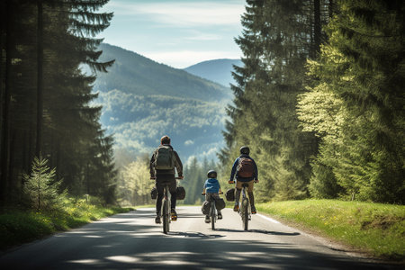 Cycling family of three in mountain road.の素材
