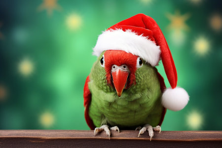 Cute Christmas green parrot in Santa red hat on Christmas backgroundの素材