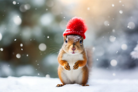 Cute Christmas funny squirrel in Santa red hat.の素材